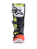 Alpinestars Youth Tech 7S Boots, Motocross Boots, Dark Gray, Fluorescent Red and Yellow with white accents, front view featuring a white TPU shin plate with black logo, triple buckle closure system, and durable synthetic construction for junior off-road riders