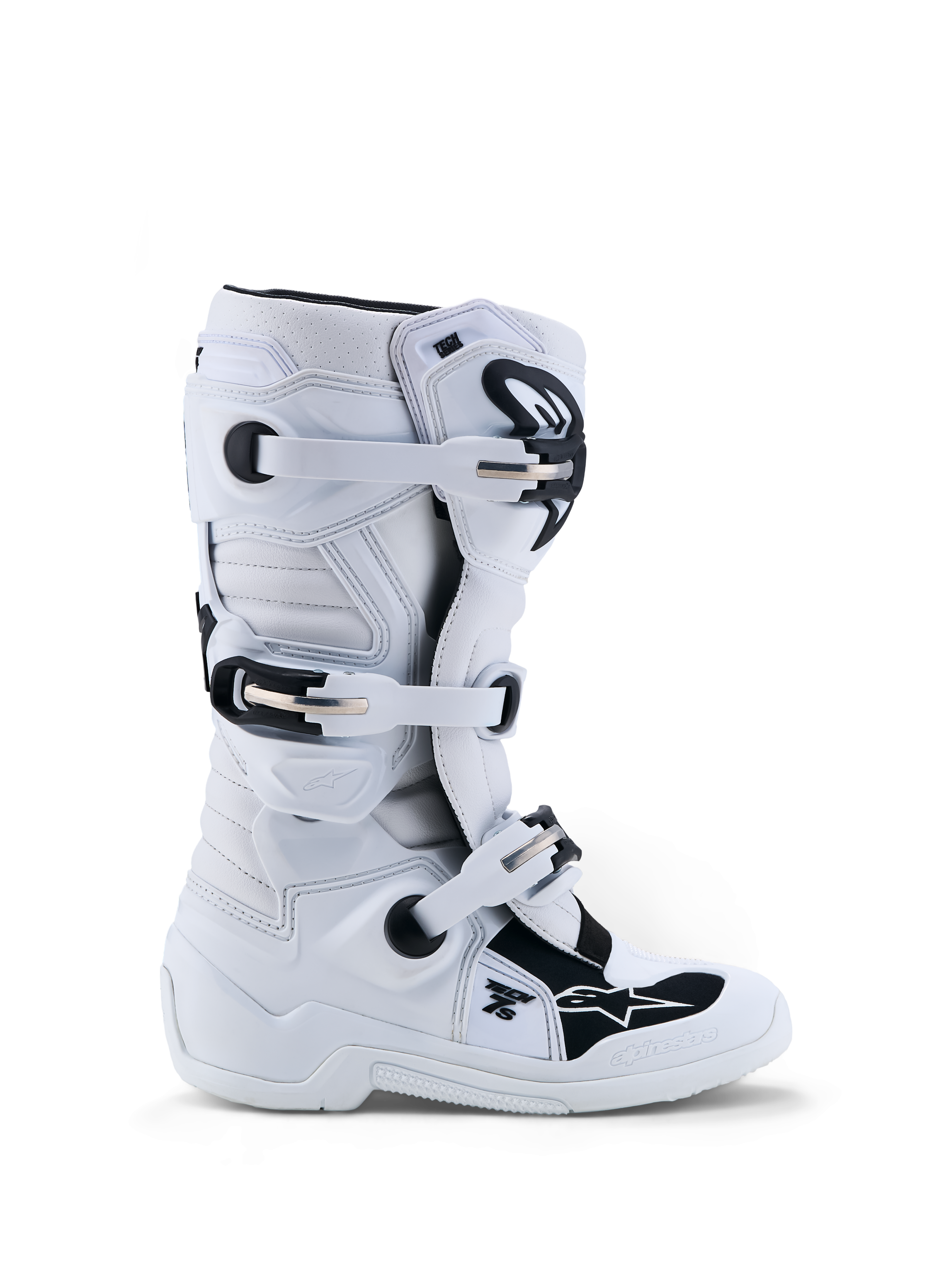 Alpinestars Youth Tech 7S Boots, junior motocross footwear in white and black with TPU protection, CE certified.