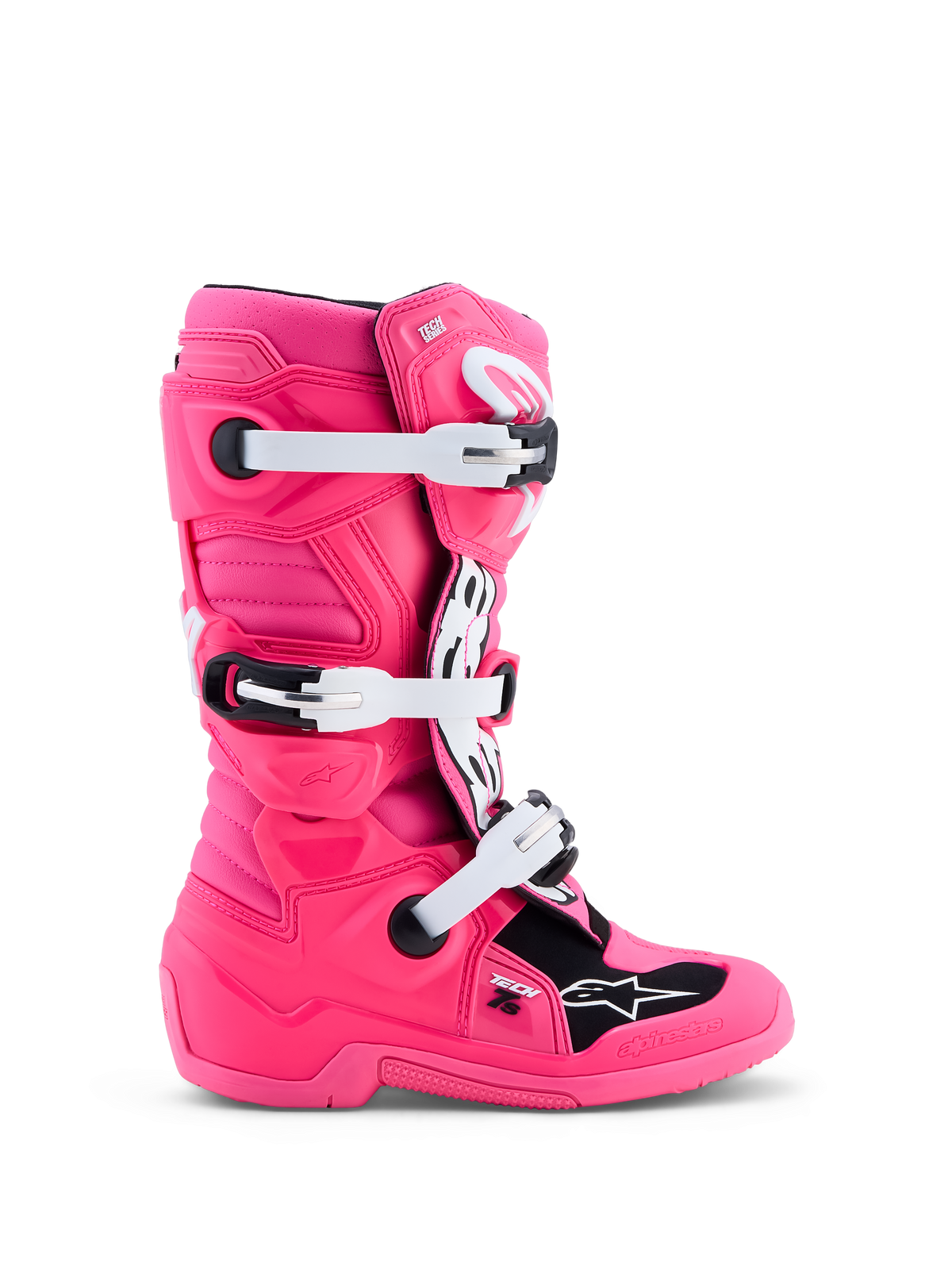 Alpinestars Youth Tech 7S Boots, pink and white youth motocross boots with synthetic TPU protection.