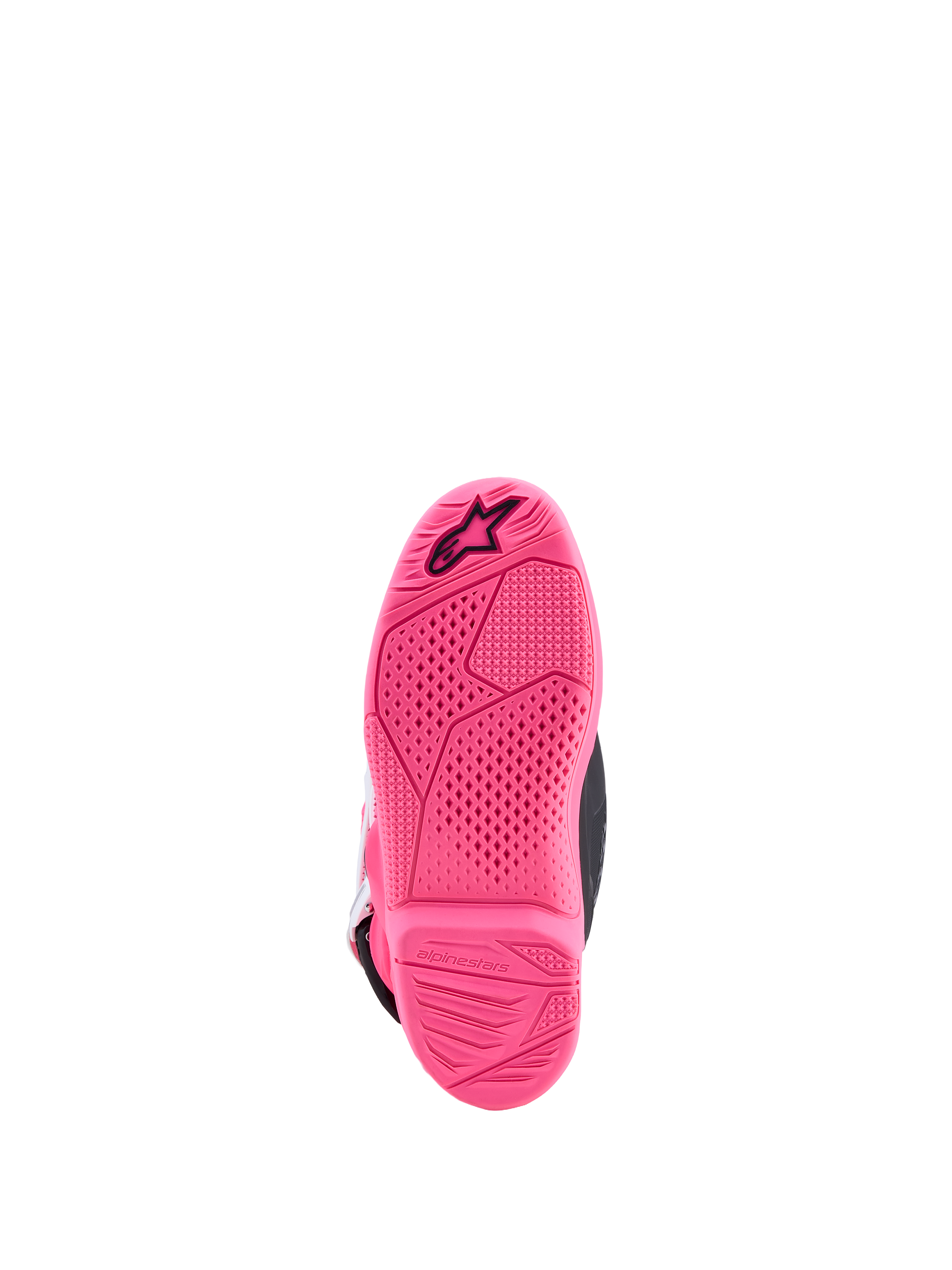 Alpinestars Youth Tech 7S Boots, motocross boots for junior riders, pink fluo sole with textured grip and star logo.
