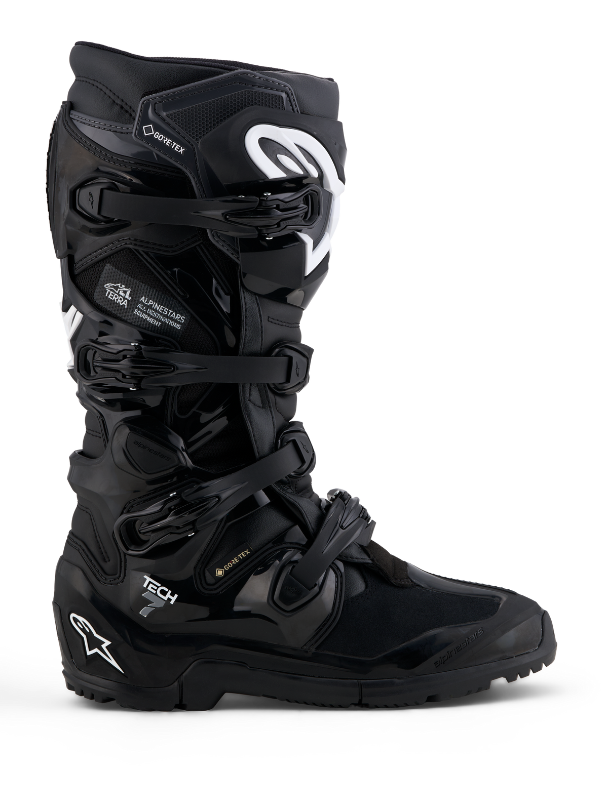 Alpinestars Tech 7 Enduro Gore-Tex Boots, waterproof off-road motorcycle boots, black with white details and TPU protection.