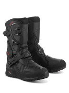 Alpinestars XT-8 GORE-TEX Boots, All-Black Adventure Enduro Motorcycle Boots, featuring dual buckle closure, reinforced shin and toe areas, aggressive lugged rubber outsole, and red Alpinestars logo on the side.