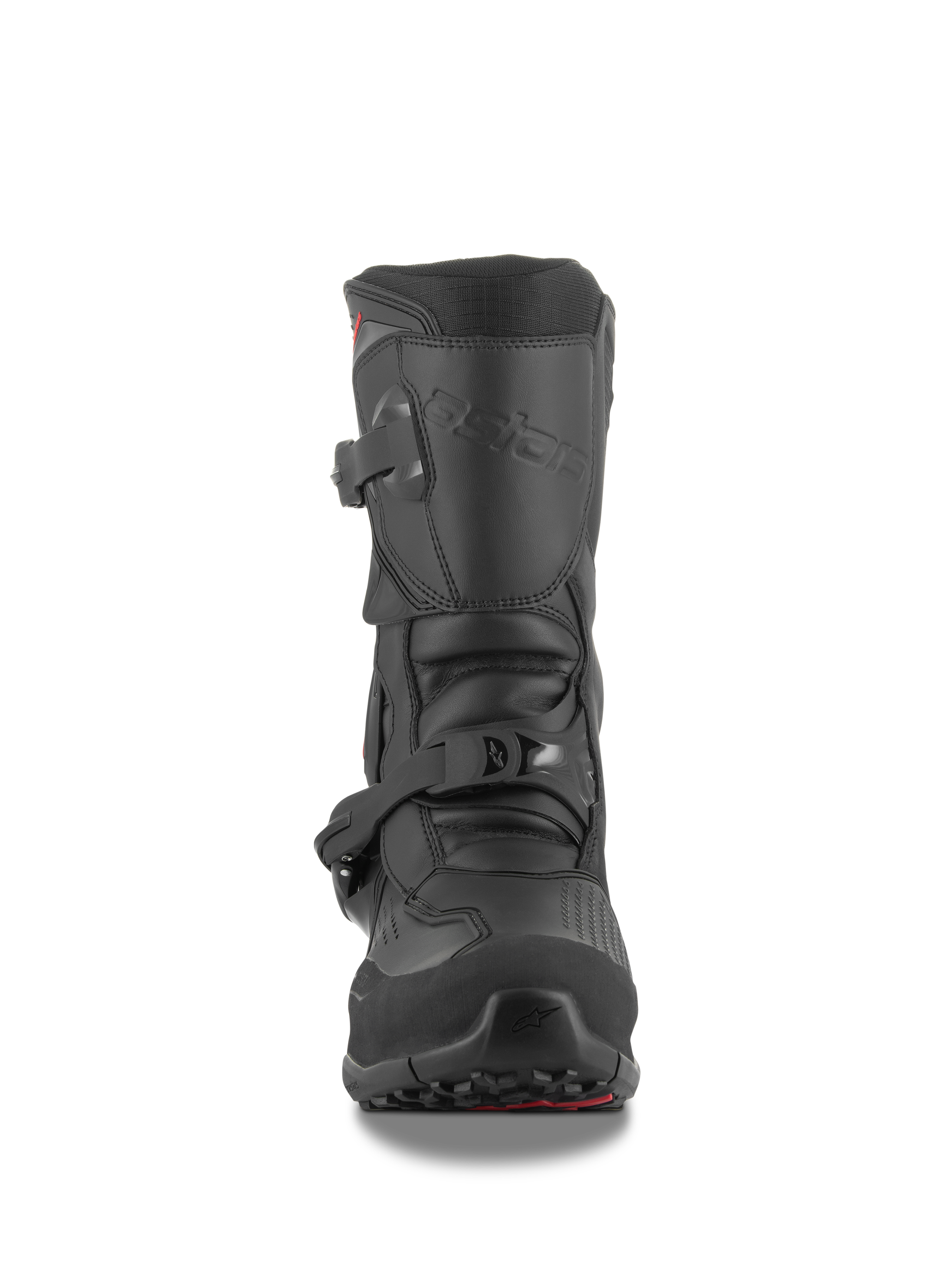 Alpinestars XT-8 GORE-TEX Boots, Black, front view, featuring double buckle closure system, tall protective design for adventure touring and off-road riding, durable construction with rugged lugged outsole