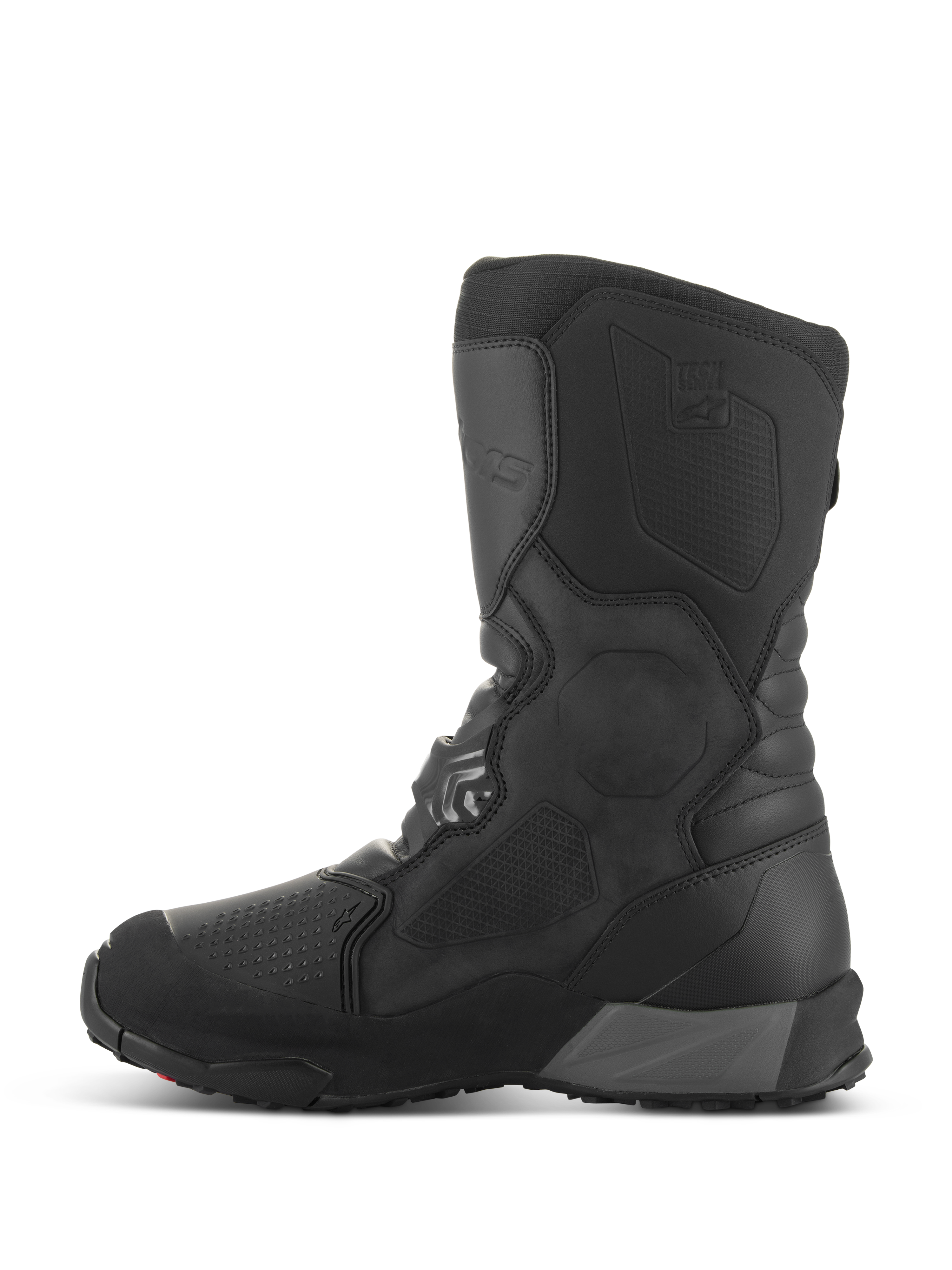 Alpinestars XT-8 GORE-TEX Boots, Adventure Enduro Motorcycle Boots, Black Black, side profile view featuring a tall shaft, reinforced shin and toe areas, textured protective panels, and a rugged outsole for all-terrain performance.