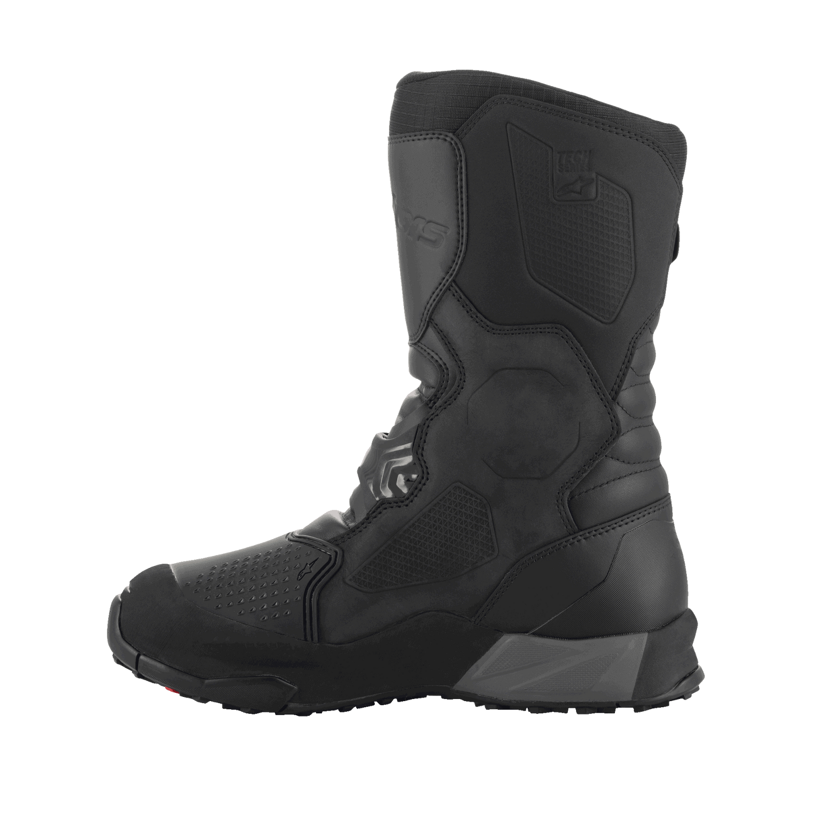 A pair of black/black XT-8 Gore-Tex high-top adventure enduro boots by Alpinestars EU, featuring red detailing. These boots boast a reinforced design with protective buckles and a rugged sole for enhanced grip. The Alpinestars logo is visible on the side, and the durable material makes them perfect for off-road riding.