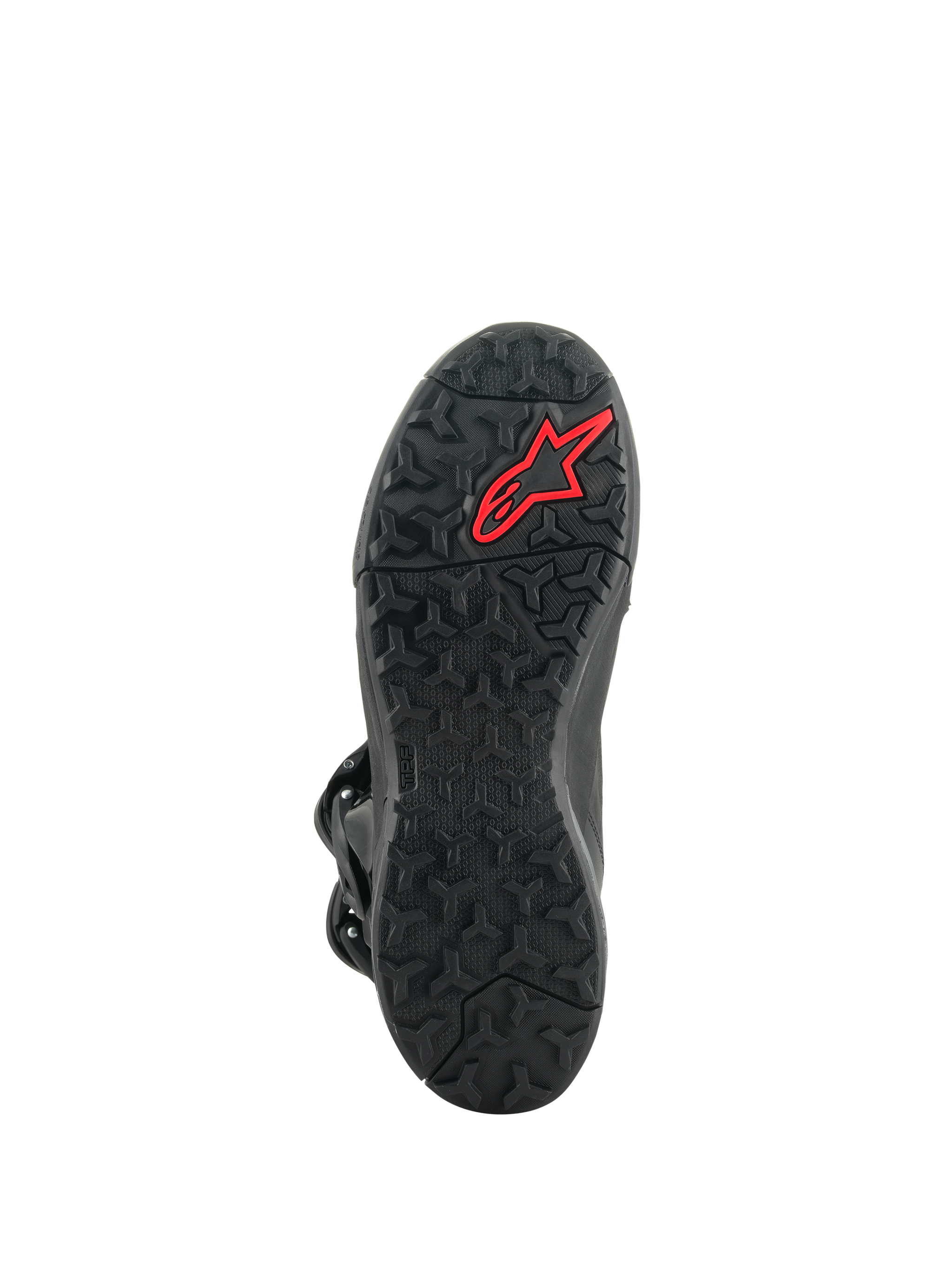 Alpinestars XT-8 GORE-TEX Boots, Adventure Enduro Boots, outsole view, black rubber with an aggressive lug pattern and a red Alpinestars logo, optimized for off-road grip and durability