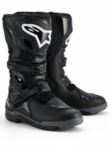 Alpinestars Corozal V2 Adventure Drystar® Boots, Black Motorcycle Boots, tall adventure design featuring a dual-buckle closure system, white Alpinestars logo on the shin plate, and a rugged all-terrain sole for off-road and touring performance