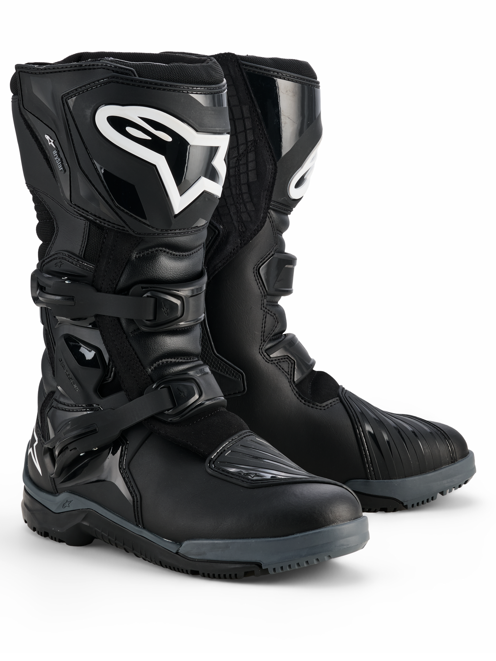 Alpinestars Corozal V2 Adventure Drystar® Boots, Black Motorcycle Boots, tall adventure design featuring a dual-buckle closure system, white Alpinestars logo on the shin plate, and a rugged all-terrain sole for off-road and touring performance
