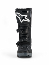 Alpinestars Corozal V2 Adventure Drystar® Boots, Black, front view showing the large white Alpinestars logo on the shin plate, dual buckle closure system, and rugged protective design for adventure riding.