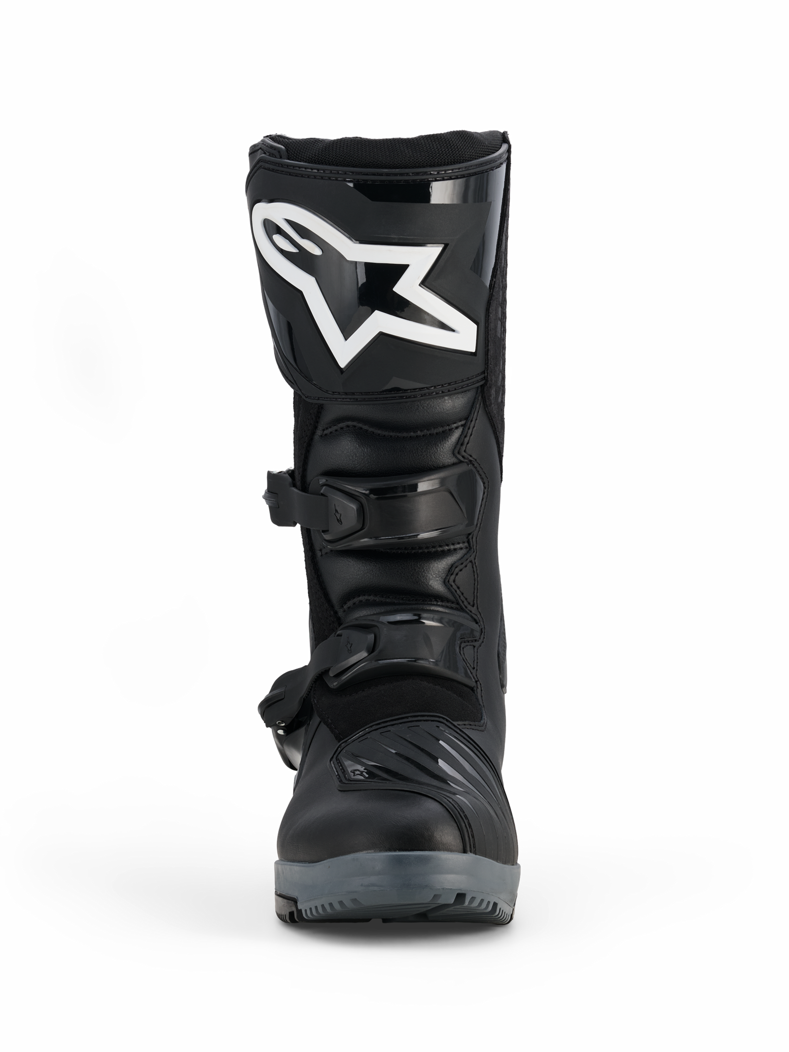 Alpinestars Corozal V2 Adventure Drystar® Boots, Black, front view showing the large white Alpinestars logo on the shin plate, dual buckle closure system, and rugged protective design for adventure riding.