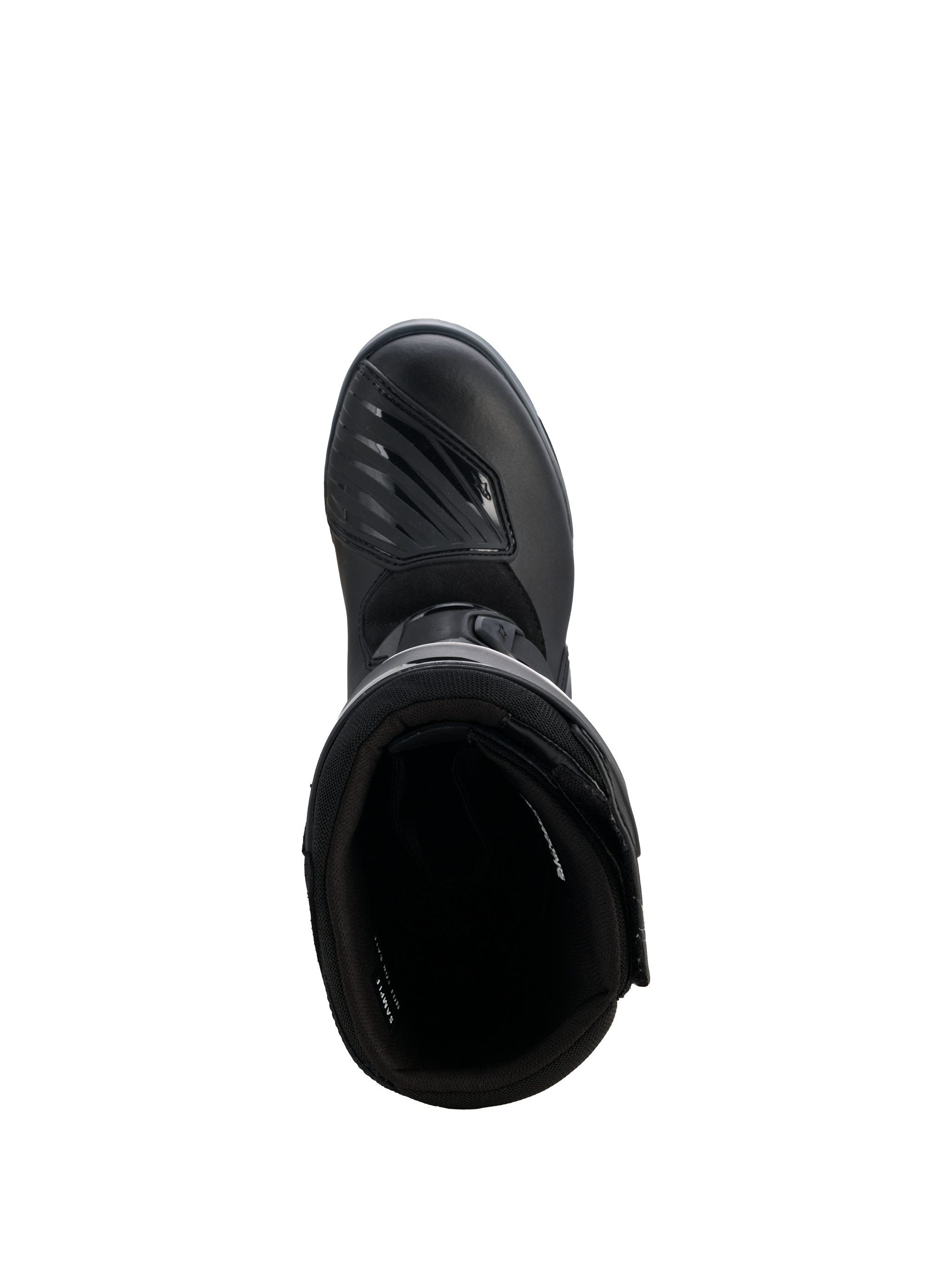 Alpinestars Corozal V2 Adventure Drystar® Boots, Black, top-down view showing the padded interior and textured shift pad on the toe, rugged adventure motorcycle boots