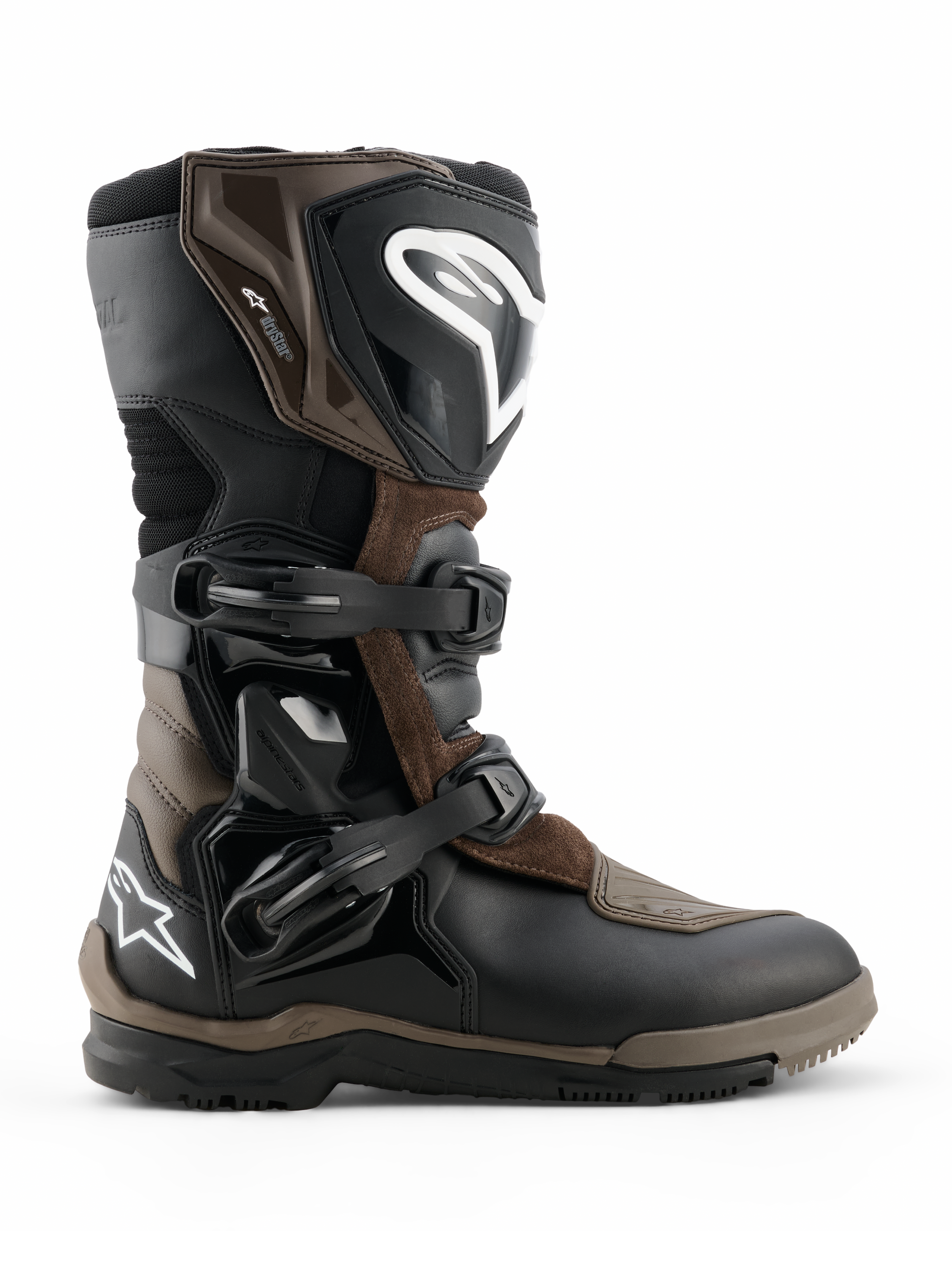 Alpinestars Corozal V2 Adventure Drystar Boots, Motorcycle Adventure Touring Boots, Brown and Black, waterproof construction with adjustable buckle straps, reinforced ankle and shin protection, rugged textured sole for all-terrain grip