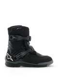 Alpinestars Belize V2 Drystar® Boots, Black Motorcycle Boots, side profile view featuring two adjustable buckle closures, white Alpinestars star logo on the heel, rugged off-road sole, and waterproof design for adventure riding