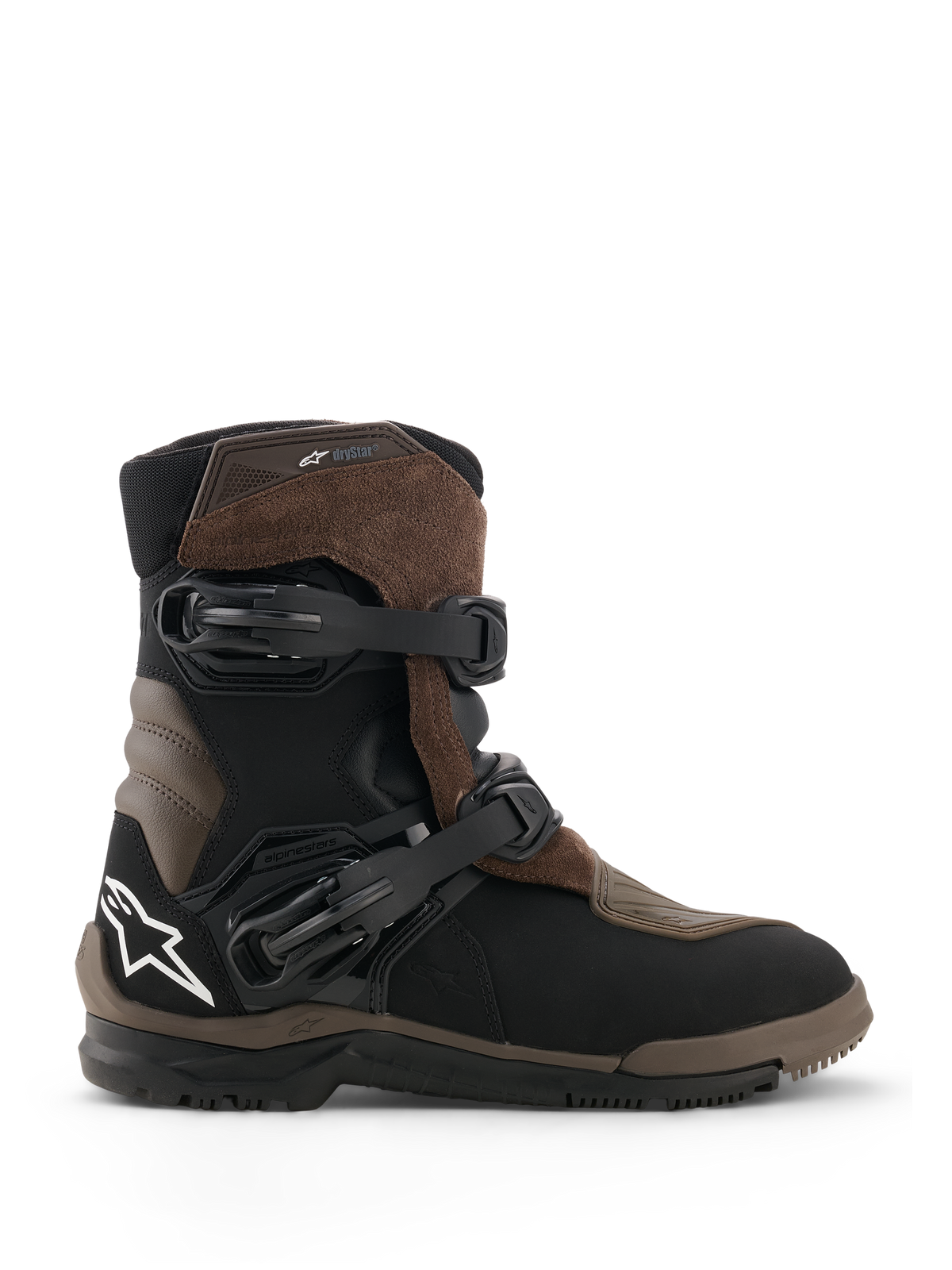 Alpinestars Belize V2 Drystar Boots, Motorcycle Adventure Touring Boots, Brown and Black, waterproof suede and leather construction, two adjustable quick-release buckles, textured vulcanized rubber off-road sole, featuring white star logo on the heel
