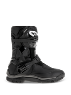 Alpinestars Belize Drystar Boots, Black Adventure Touring Boots, featuring a mid-height design with dual adjustable buckles, rugged textured outsole for grip, reinforced protection panels, white logo on the shin, waterproof motorcycle footwear