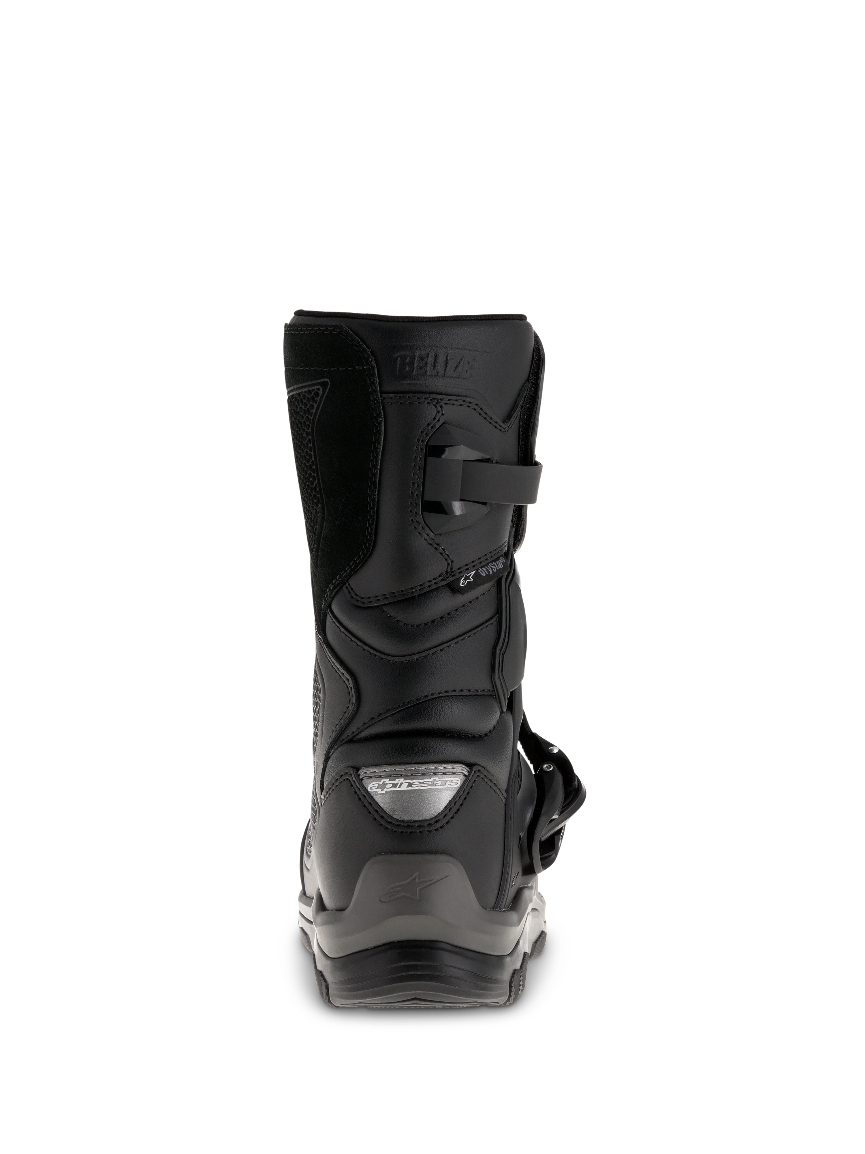 Alpinestars Belize Drystar® Boots, Black adventure touring motorcycle boots, rear view showing the heel counter, buckle closure, and waterproof Drystar® branding.