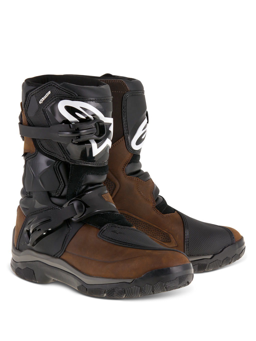 Alpinestars Belize Drystar® Boots, Adventure Touring Motorcycle Boots, Oiled Brown and Black, featuring a low-cut design with dual lateral buckles, black TPU shin plate with white Alpinestars logo, and rugged vulcanized rubber soles.