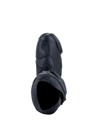 Alpinestars Supertech R Boots, Motorcycle Racing Boots, Black Black, top-down view showing the inner opening, shift pad, and textured synthetic upper, professional racing footwear design