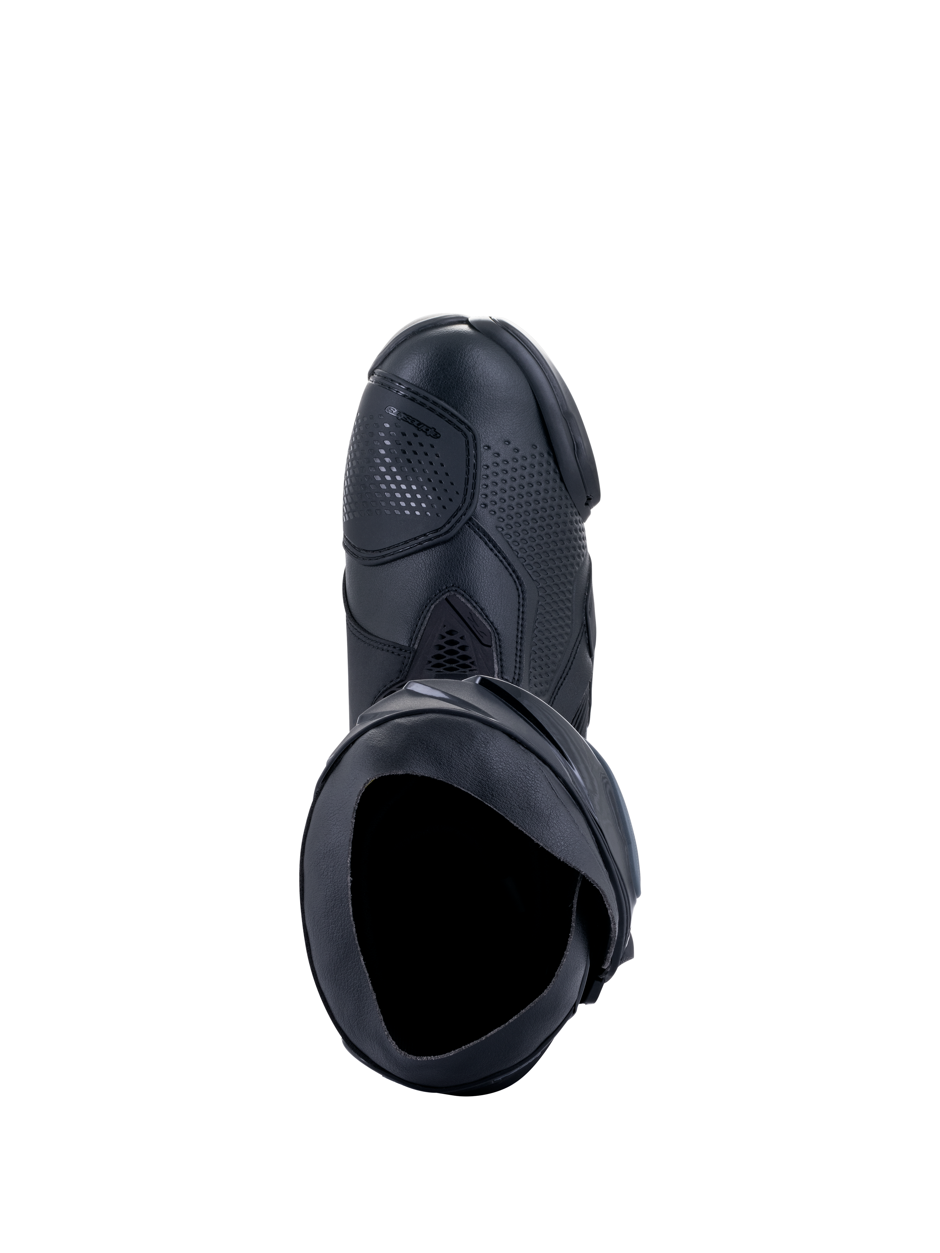 Alpinestars Supertech R Boots, Motorcycle Racing Boots, Black Black, top-down view showing the inner opening, shift pad, and textured synthetic upper, professional racing footwear design