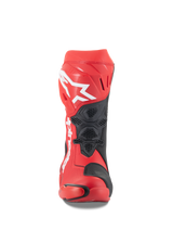 Alpinestars Supertech R Boots, Bright Red and Red Fluo, front view featuring a large white Astars logo on the shin plate, black mesh ventilation panels, and a technical racing design for motorcycle track performance