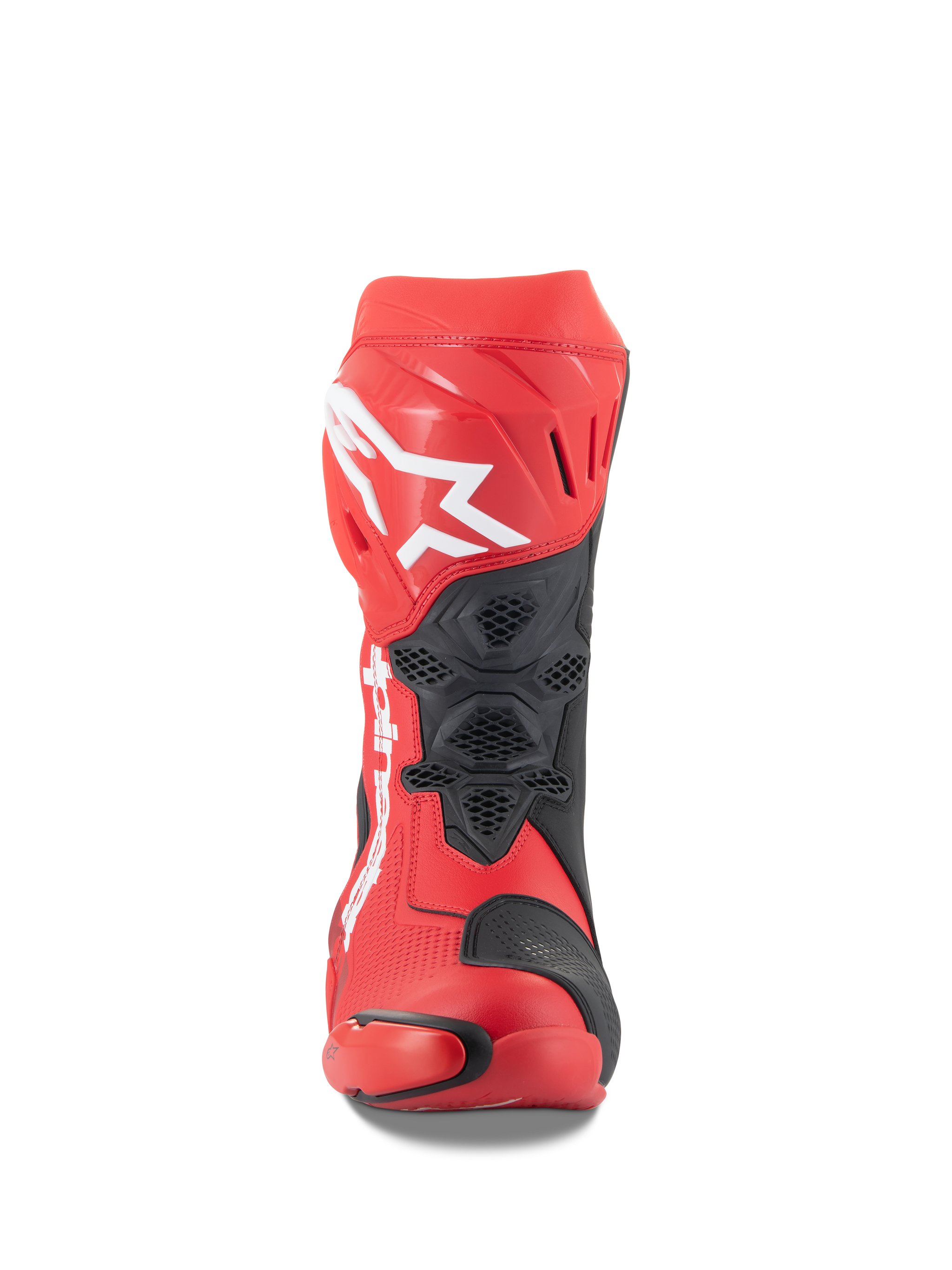 Alpinestars Supertech R Boots, Bright Red and Red Fluo, front view featuring a large white Astars logo on the shin plate, black mesh ventilation panels, and a technical racing design for motorcycle track performance