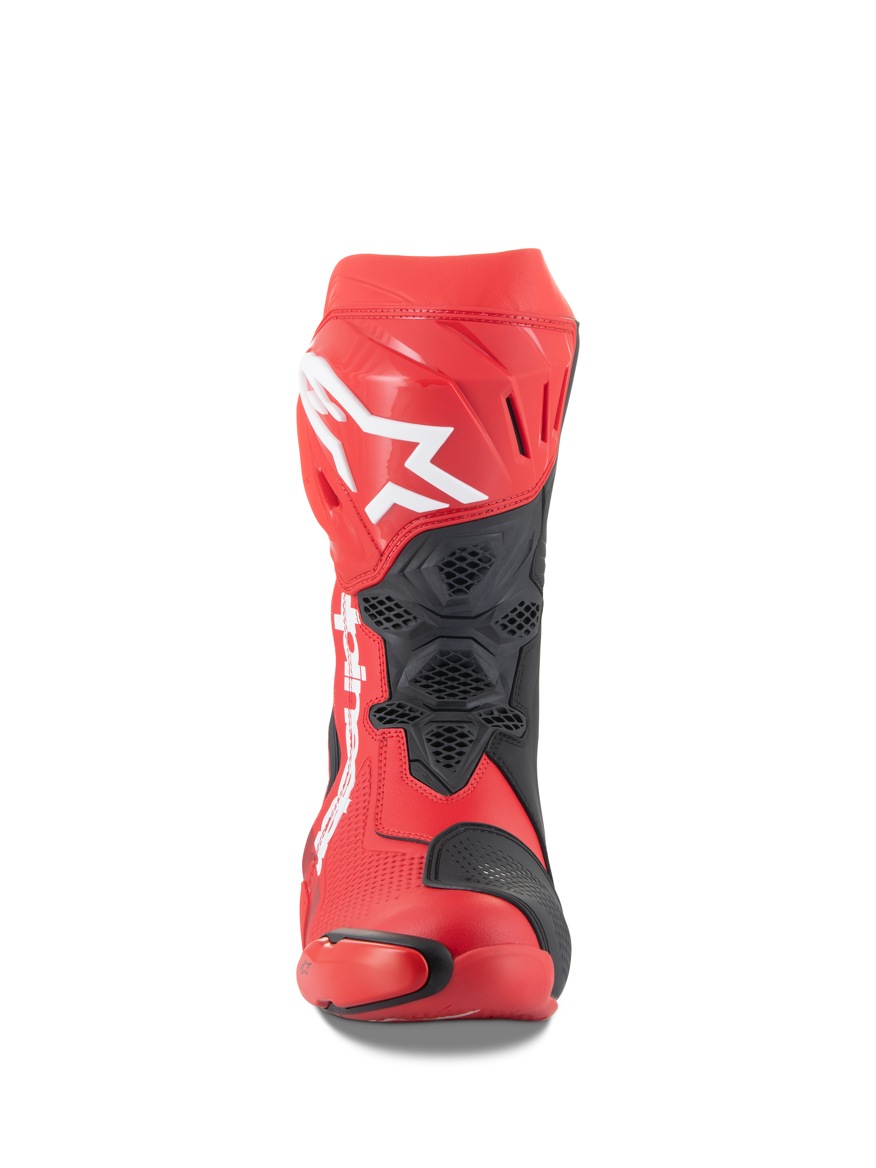 Alpinestars Supertech R Boots, Bright Red and Red Fluo, front view featuring a large white Astars logo on the shin plate, black mesh ventilation panels, and a technical racing design for motorcycle track performance