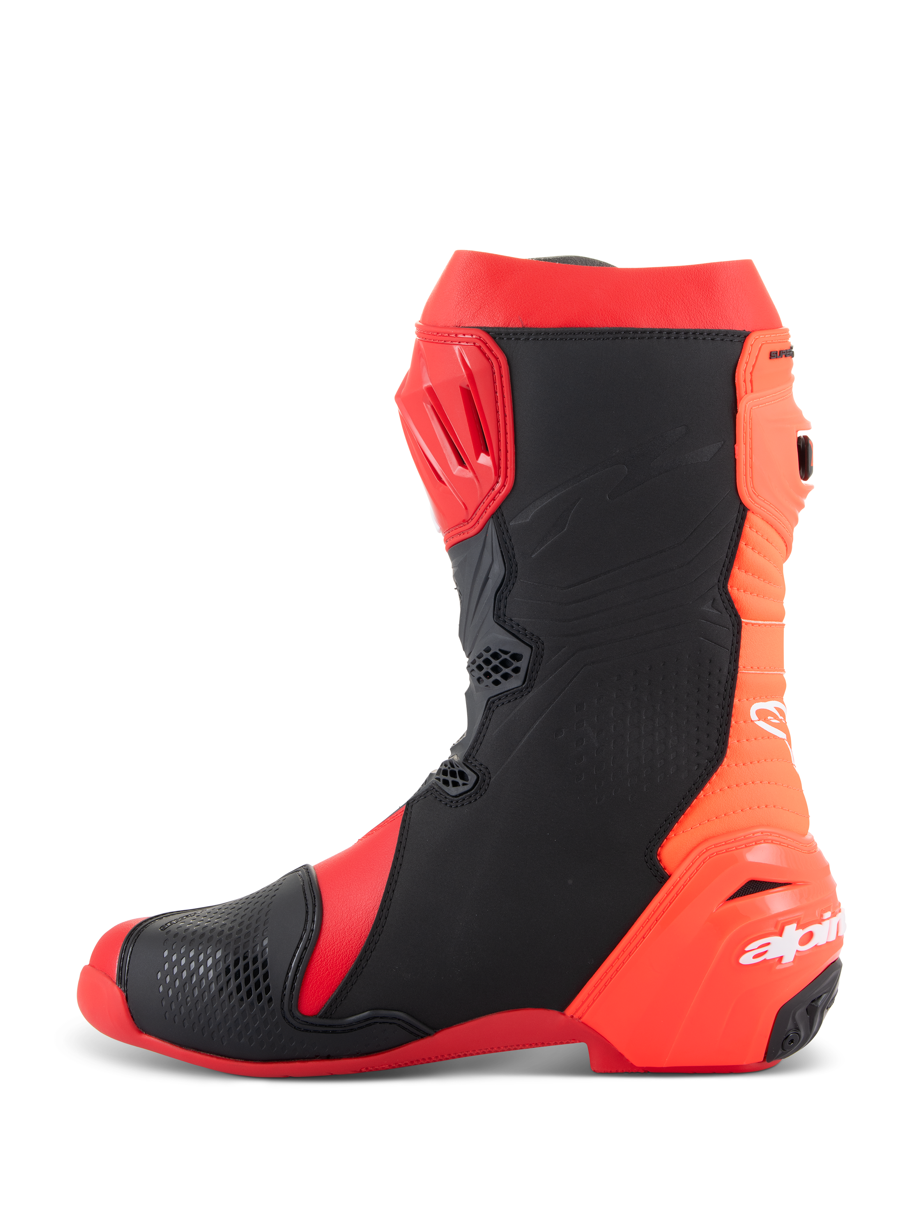 Alpinestars Supertech R Boots, professional motorcycle racing boots, Bright Red and Red Fluo with black panels, side profile view showing the TPU shin plate, flexible rear accordion design, and white Alpinestars logo on the heel