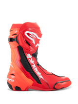 Alpinestars Supertech R Boots, Motorcycle Racing Boots, Bright Red and Red Fluo, high-performance track design featuring TPU shin plate, replaceable toe slider, and white Alpinestars logo, side profile view