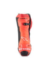 Alpinestars Supertech R Boots, Motorcycle Racing Boots, Bright Red and Red Fluo, rear view showing the heel protector with white branding, black accents, and micro-adjustable ratchet closure at the calf.
