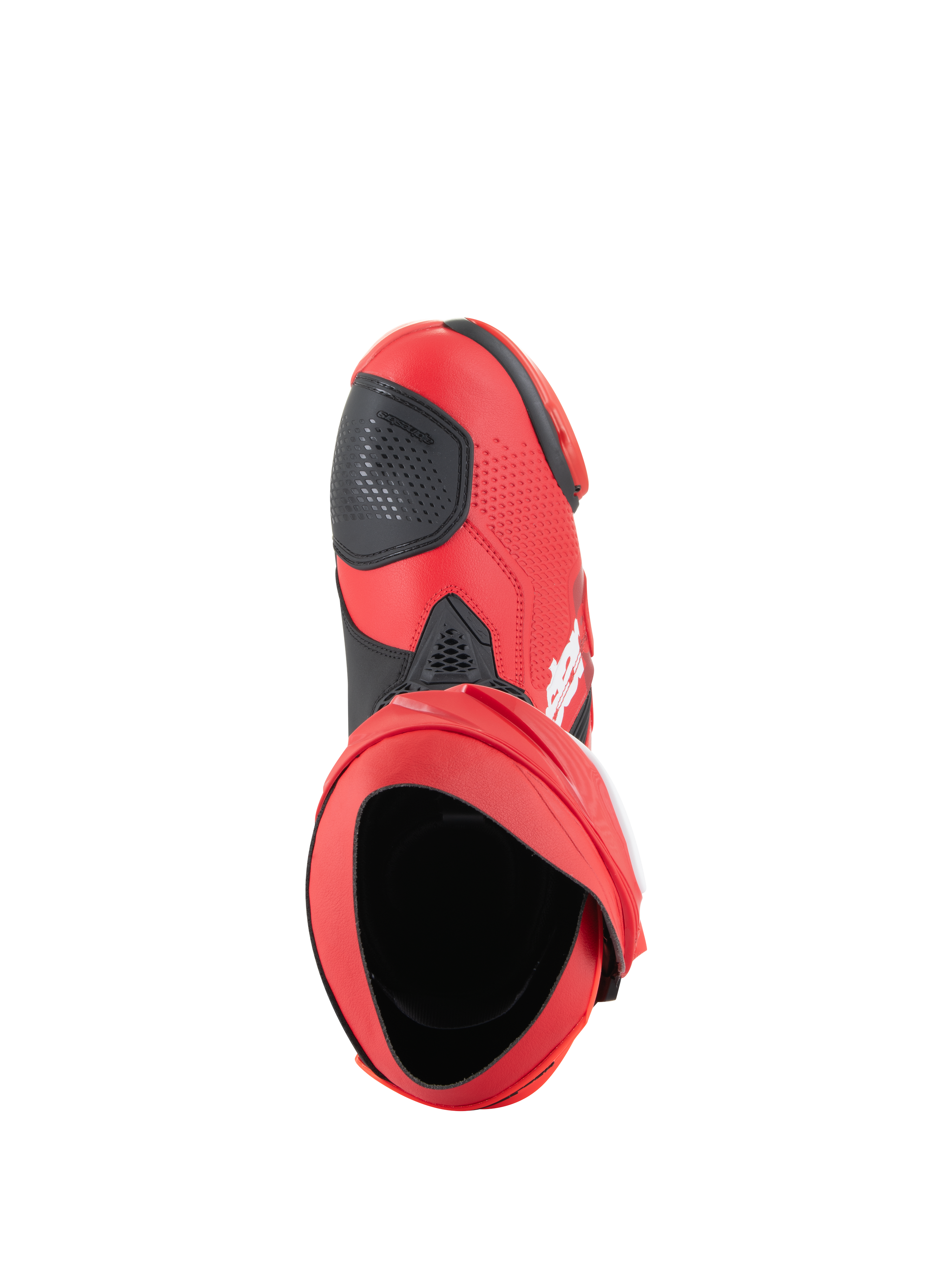 Alpinestars Supertech R Boots, Motorcycle Racing Boots, Bright Red and Red Fluo, top-down perspective showing the interior opening and black shifter pad, sleek performance design for track and road