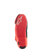 Alpinestars Supertech R Boots, Motorcycle Racing Boots, Bright Red Red Fluo, bottom sole view featuring textured grip pattern and white Alpinestars logo