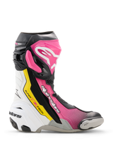 Alpinestars Supertech R Boots, Motorcycle Racing Boots, Pink White Yellow and Black, CE Certified, Premium Leather Construction with Toe Slider, Sporty Design with Ventilated Shell