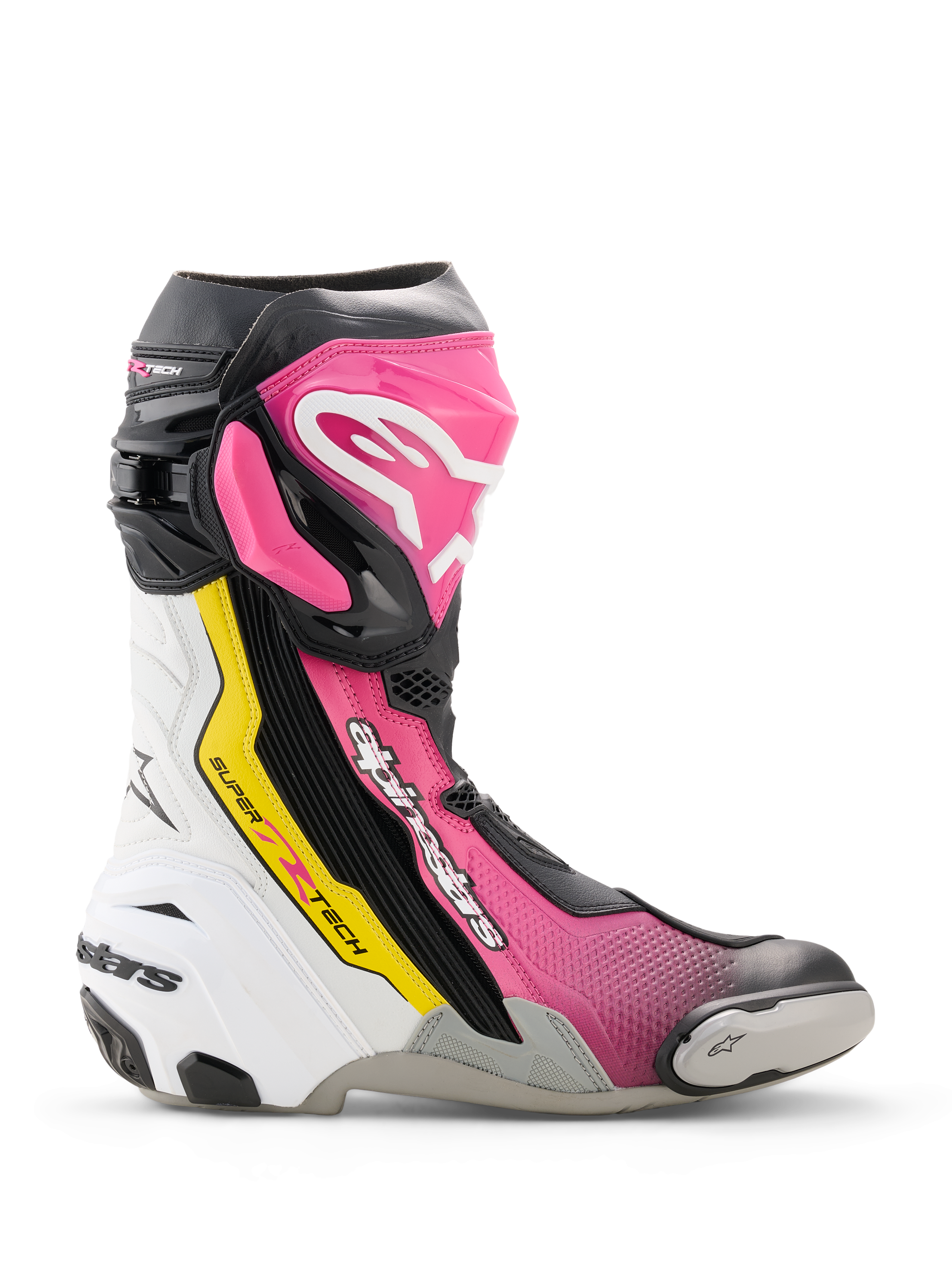 Alpinestars Supertech R Boots, high-performance racing motorcycle boot in Black, Magenta, White, and Yellow Fluo, side profile featuring TPU protection, replaceable toe slider, and ergonomic racing design.