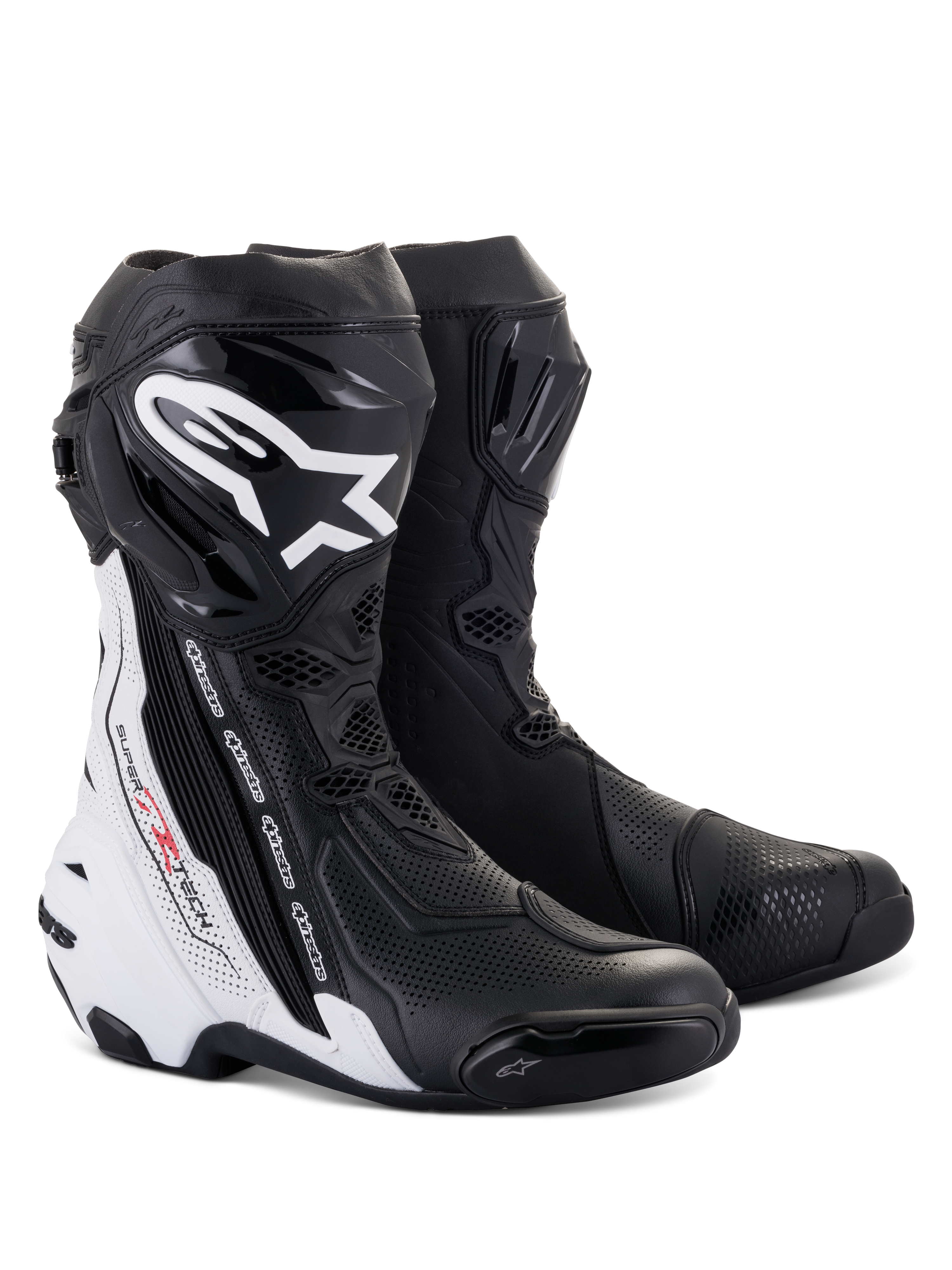 Alpinestars Supertech R Vented Boots, Motorcycle Racing Boots, Black and White, featuring extensive perforations for ventilation, bold white branding on the shin, TPU protectors, and sleek aerodynamic design for track performance.