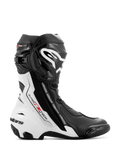 Alpinestars Supertech R Vented Boots, Motorcycle Racing Boots, Black and White with Red Accents, side profile featuring extensive perforations for breathability, large white logo on the shin, and protective TPU sliders.