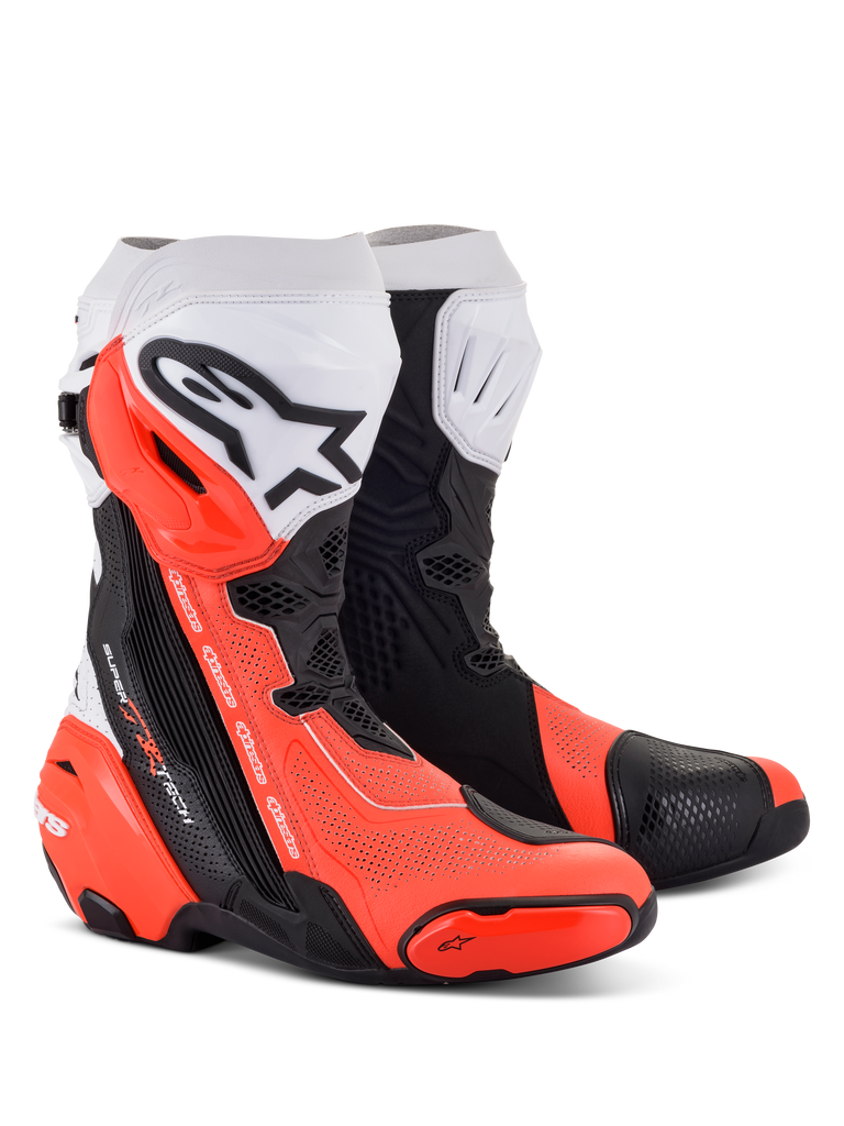 Alpinestars Supertech R Vented Boots, Racing Motorcycle Boots, Black White and Red Fluo, featuring extensive perforations for airflow, TPU protection components, and a sleek aerodynamic design.