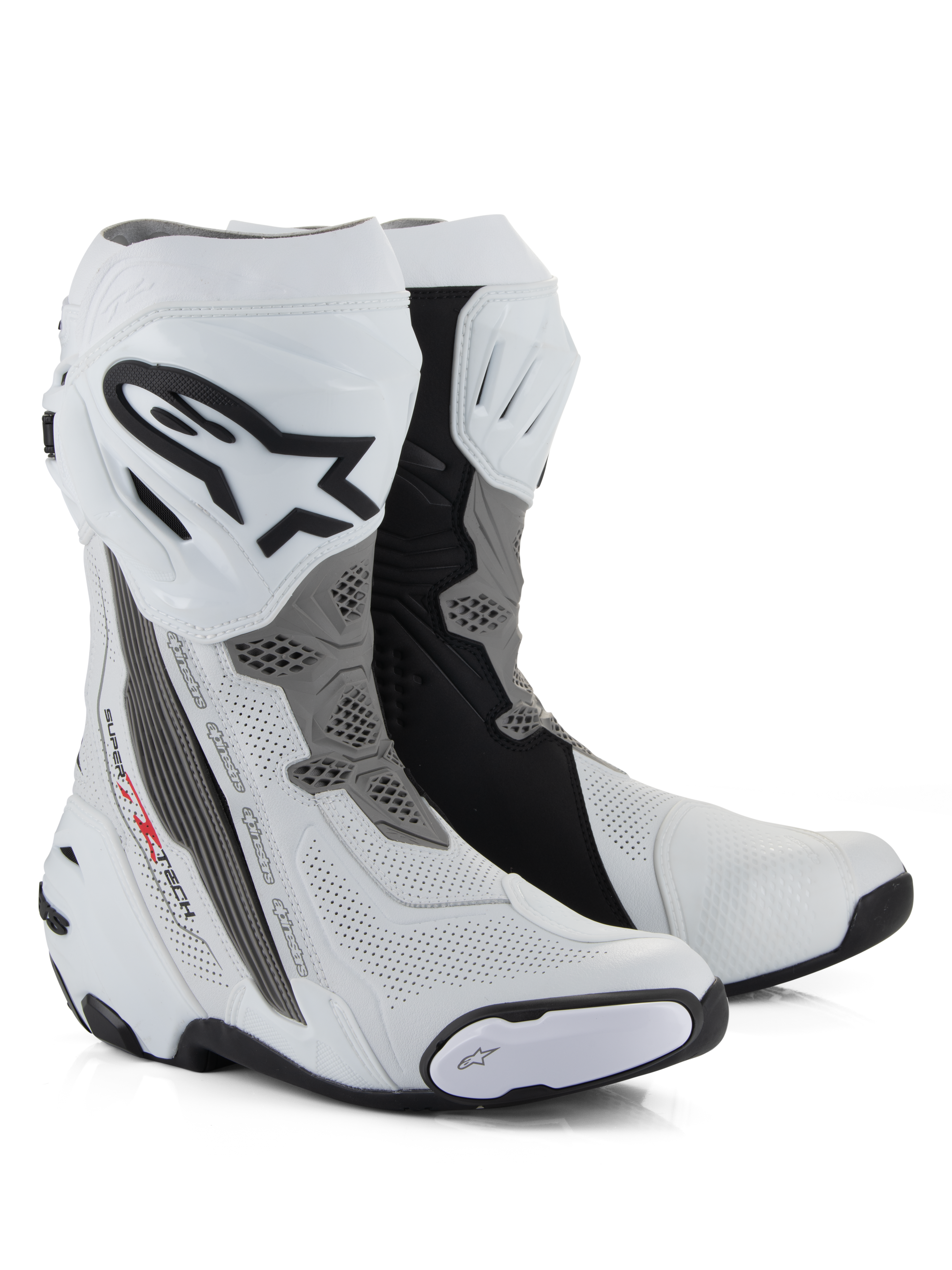 Alpinestars Supertech R Vented Boots, Racing Motorcycle Boots, White Mid Gray and Black, featuring perforated microfiber construction for airflow, TPU shin plate with Alpinestars logo, and replaceable sliders, professional track-ready design