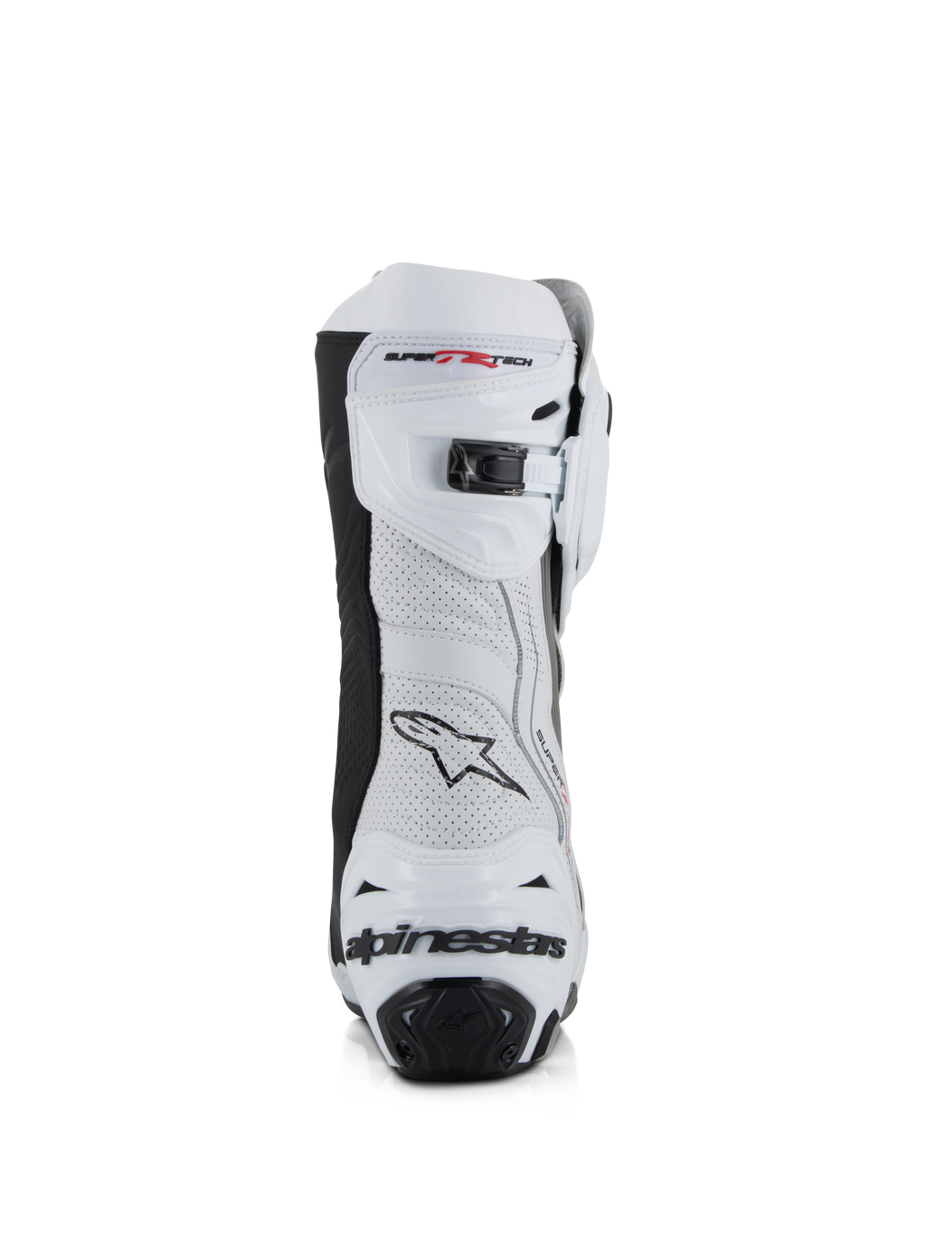 Alpinestars Supertech R Vented Boots, White Mid Gray and Black, rear view featuring perforated microfiber upper, micro-adjustable ratchet closure at the top, and integrated heel protection with Alpinestars logo.