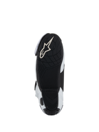 Sole of Alpinestars Supertech R Vented Boots, Black lightweight rubber outsole with textured tread for grip on pegs, featuring white Alpinestars Astar logo, White and Black colorway