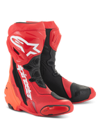 Alpinestars Supertech R Vented Boots, Bright Red and Black, high-performance racing motorcycle boots featuring extensive perforations, white A-star logo on the shin, and durable TPU protective panels