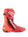 Alpinestars Supertech R Vented Boots, Motorcycle Racing Boots, Bright Red and Red Fluo with white and black accents, side profile view showing extensive perforations for breathability, white Astar logo on shin, TPU toe and heel sliders, professional-grade track footwear
