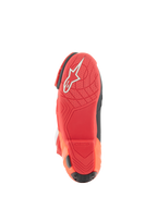 Alpinestars Supertech R Vented Boots, Racing Boots, Bright Red and Red Fluo, Sole view featuring lightweight rubber compound, white Alpinestars logo, and textured grip pattern for motorcycle pegs.