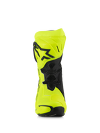 Alpinestars Supertech R Vented Boots, Motorcycle Racing Boots, Yellow Fluo and Black, front view featuring perforated microfiber, TPU shin plate with black star logo, and ventilation mesh for maximum airflow.