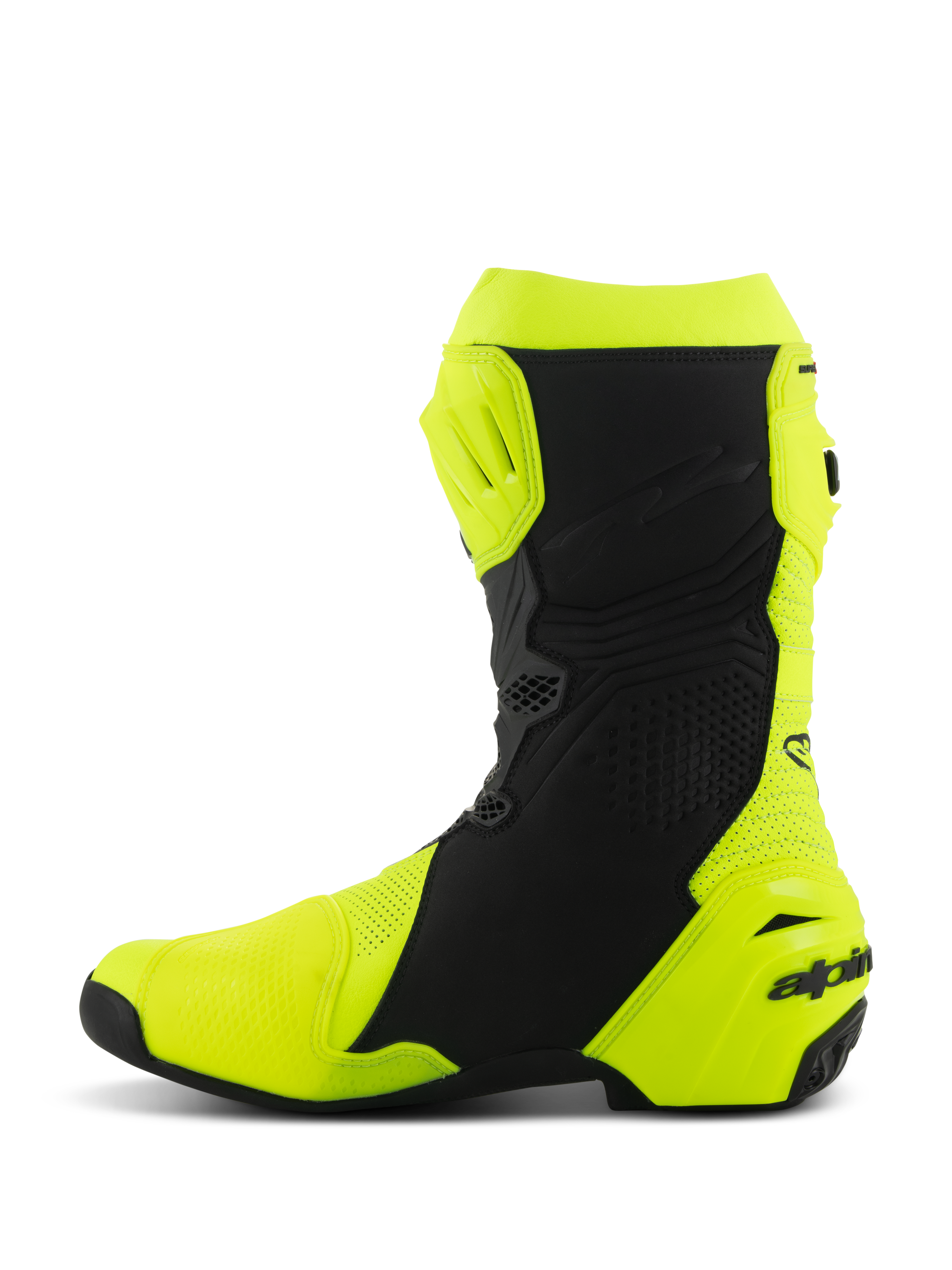 Alpinestars Supertech R Vented Boots, Professional Racing Motorcycle Boots, Yellow Fluo and Black, medial side profile, perforated microfiber construction for high airflow, TPU protective shin and heel plates, sleek aerodynamic design for competitive track riding