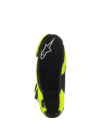 Alpinestars Supertech R Vented Boots, bottom view showing the black rubber sole, textured grip pattern for footpegs, white A-star logo, Yellow Fluo and Black racing motorcycle boot