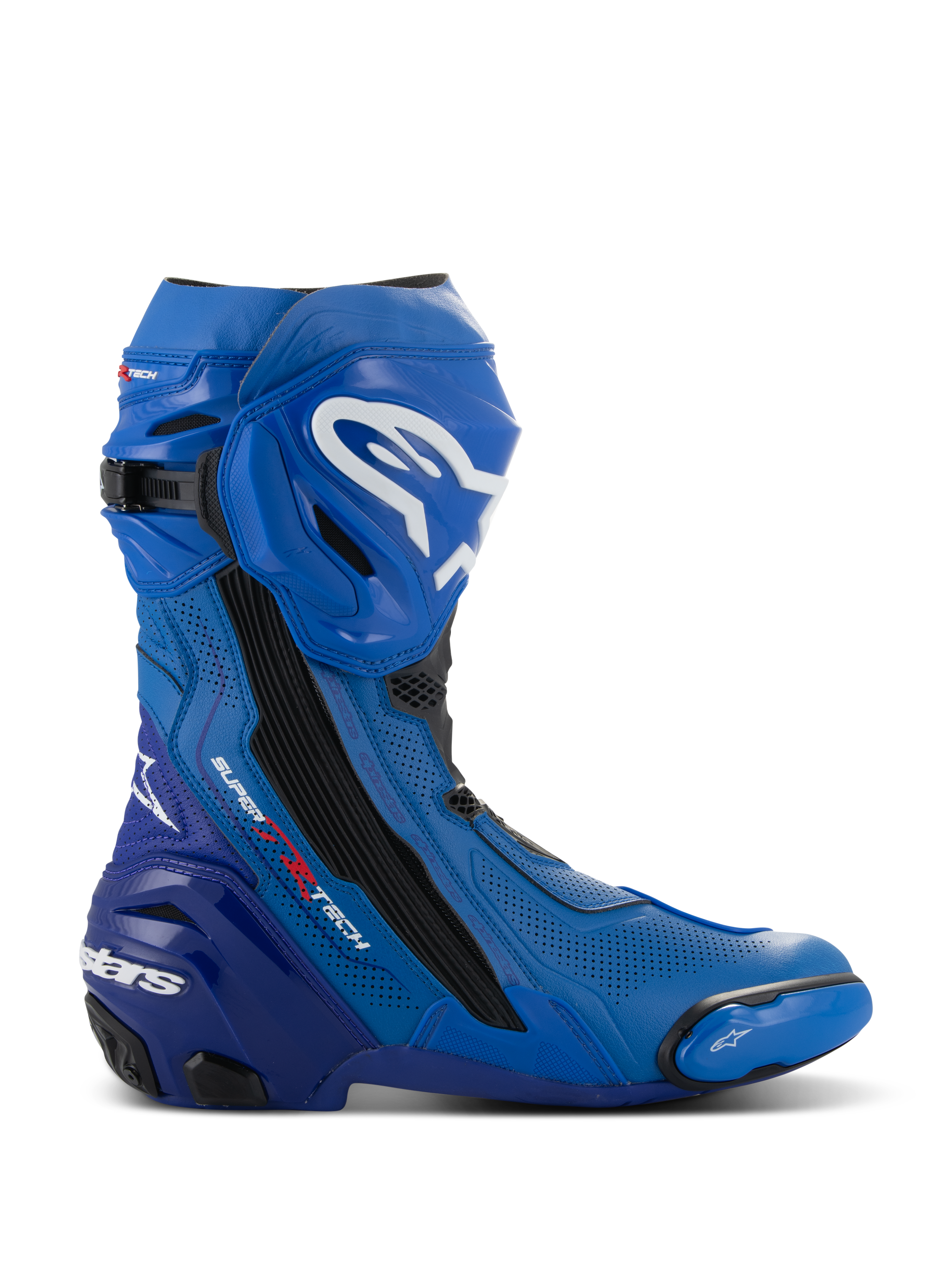 Alpinestars Supertech R Vented Boots, Blue and Black Motorcycle Racing Boots, side profile view featuring white logos, extensive perforated ventilation zones, reinforced heel, and replaceable toe slider.