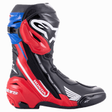 Alpinestars Honda Supertech R Boots, Professional Motorcycle Racing Boots, Black Bright Red Blue, side profile featuring prominent white Honda and Alpinestars branding, TPU protective shin plate, and replaceable toe and heel sliders.