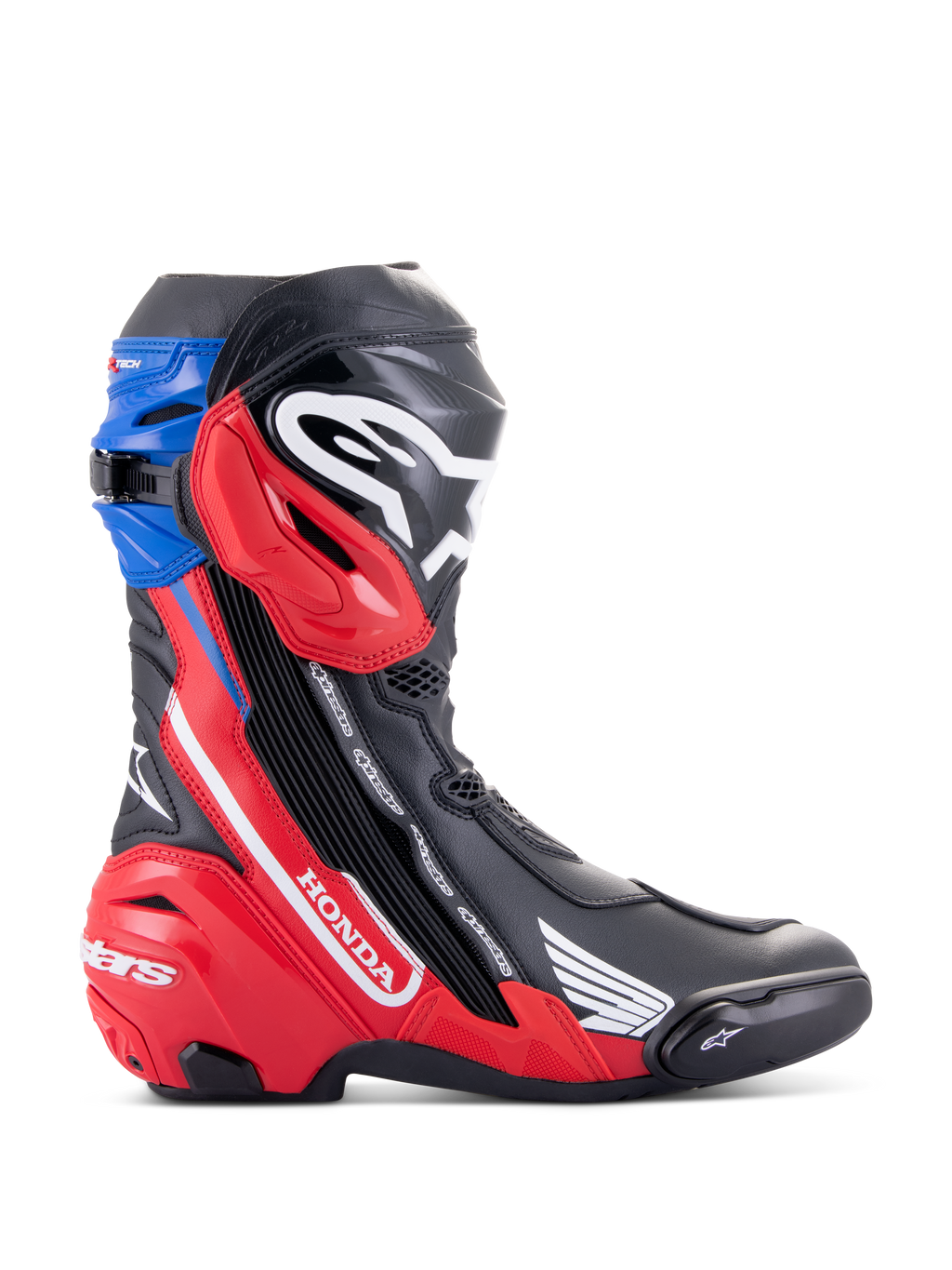 Alpinestars Honda Supertech R Boots, Racing Motorcycle Boots, Black Bright Red and Blue, features white Honda branding on red side panel, Alpinestars logo on shin, blue top gaiter, sleek aerodynamic design with advanced TPU protection