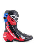 Alpinestars Honda Supertech R Boots, Racing Motorcycle Boots, Black Bright Red and Blue, features white Honda branding on red side panel, Alpinestars logo on shin, blue top gaiter, sleek aerodynamic design with advanced TPU protection