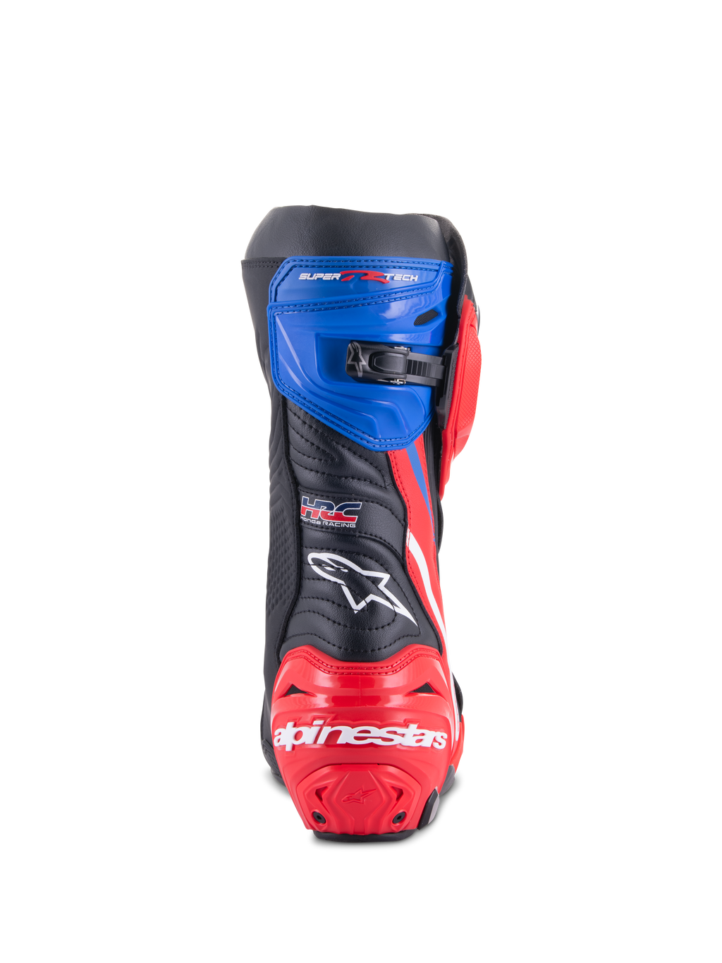 Alpinestars Honda Supertech R Boots, Motorcycle Racing Boots, Black Bright Red and Blue, rear view featuring a red reinforced heel with white branding, blue upper gaiter with micro-adjustable ratchet closure, and HRC logo on the back